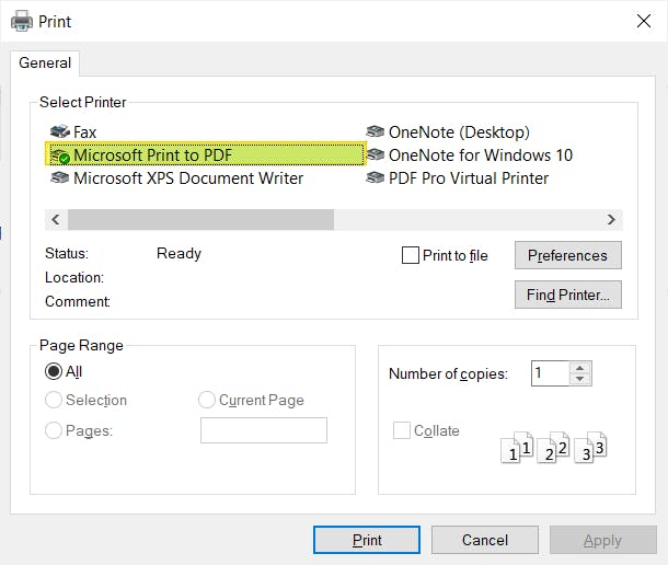Print dialog box with the Printer highlighted and selected as Microsoft Print to PDF.