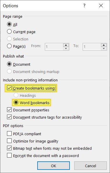 Options dialog box with Create Bookmarks using Word bookmarks highlighted 