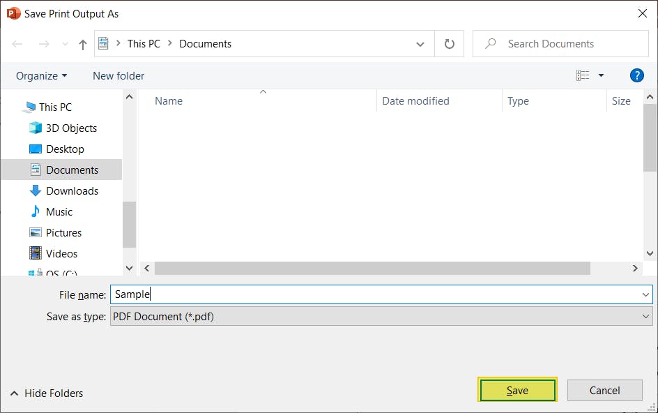 Save button highlighted in Print to PDF dialog box.