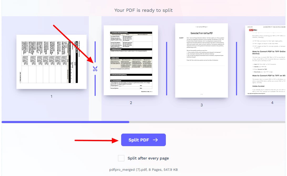 A screenshot of PDF Pro's online split tool during use. 

There are red arrows pointing at the split location and the Spit PDF button.