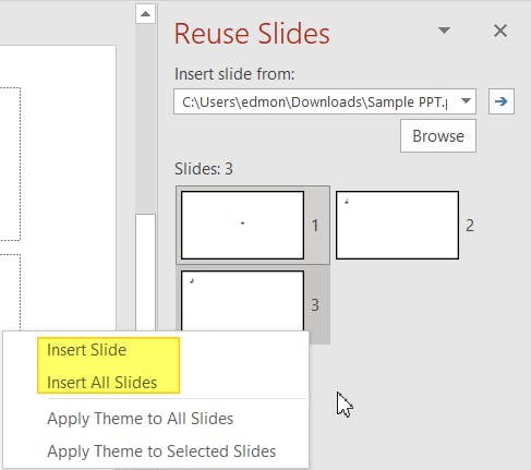 PowerPoint's Reuse Slides insert slides buttons are highlighted.