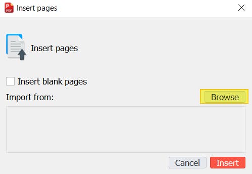Browse button highlighted in Insert Pages dialog box. 