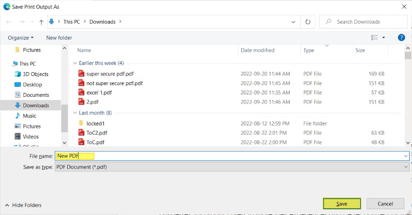 Save Print Output As dialog box in Microsoft Edge. The file name field is highlighted and says "New PDF". The Save button is highlighted. 