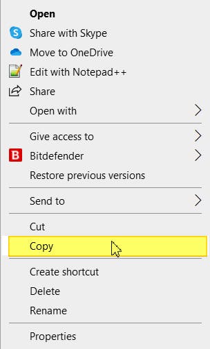 Right-click context menu. The Copy option is highlighted.