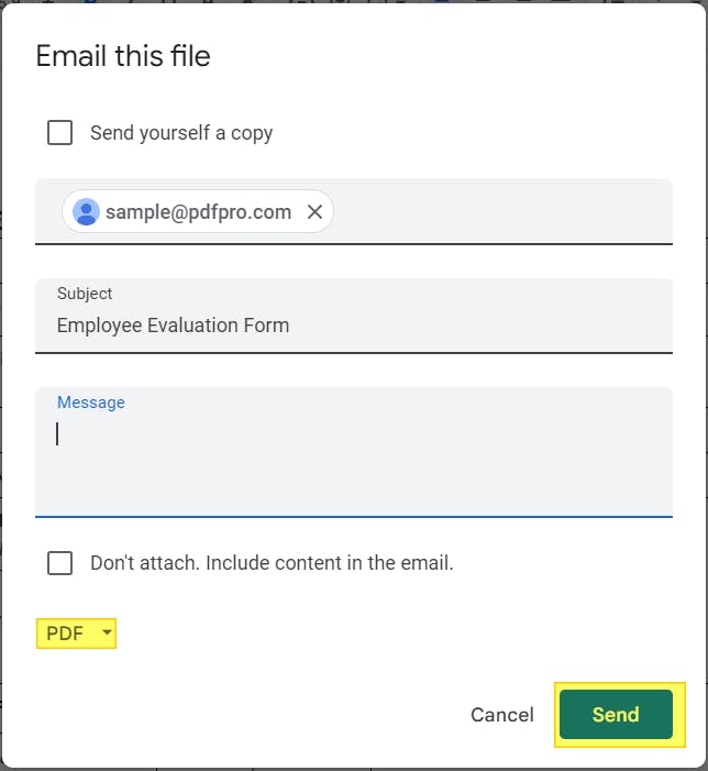 Google Docs'  "Email this file" context menu. The file type dropdown is highlighted and is selected as PDF. The Send button is highlighted. 
