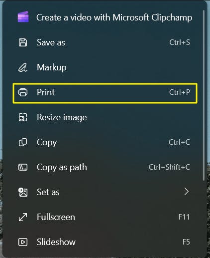 Windows photo viewer Print button is highlighted. 