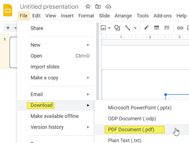 Google Slides File menu dropdown with Download as PDF Document highlighted and selected. 