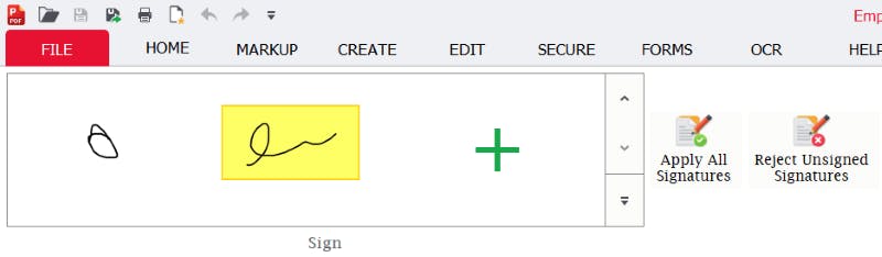 A preview of a signature is highlighted yellow in PDF Pro.