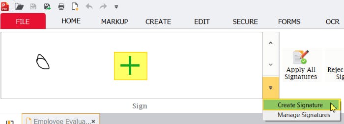 Pictture of the Sign PDF tab in PDF Pro. Create Signature option from the down caret of the signature tool is highlighted. A green "plus" icon is highlighted in yellow. 
