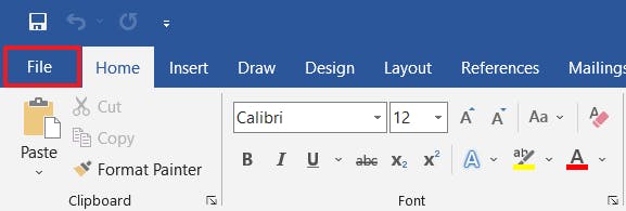 File tab in Word with a red box around it. 