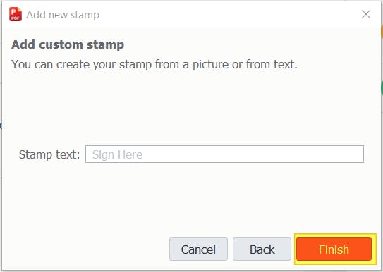 PDF Pro's Add New Stamp dialog box. The stamp text reads "Sign Here". The red Finish button is highlighted. 