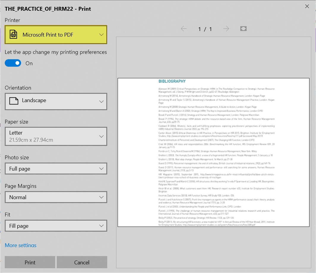 Print settings dialog box. The Printer field is highlighted and set to Microsoft Print to PDF.