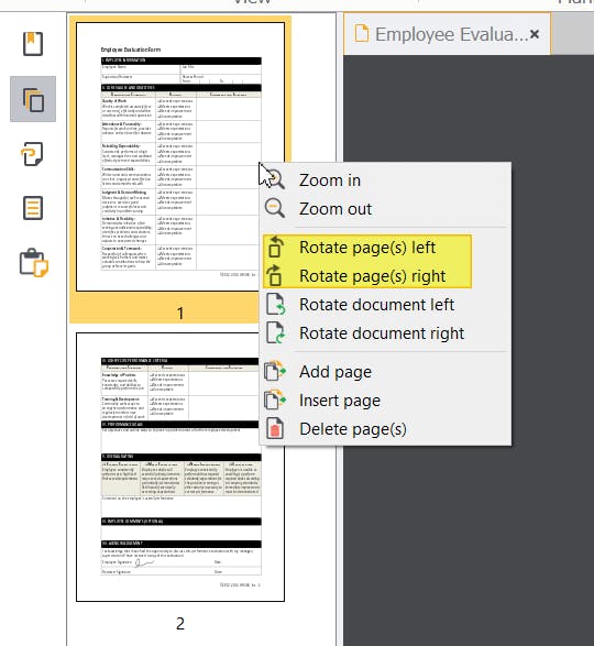 PDF Pro's thumbnail context menu. The rotate page left and rotate page right options are highlighted.