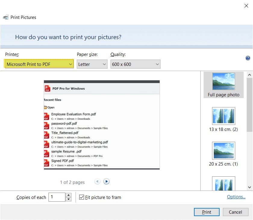 Print Pictures dialog box with the Printer set to "Microsoft Print to PDF". The Printer field is highlighted. 