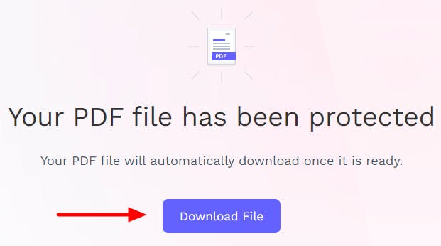 PDF Pro's online Password Protect PDF tool. There is a red arrow pointing at the Download File button. 