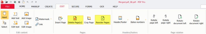 PDF Pro's Edit tab. The Delete Page(s) and Reorder Page(s) buttons are highlighted. 