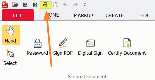 PDF Pro print button icon is highlighted and has an orange arrow pointed at it. 
