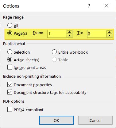 Page range radio button and options in Excel highlighted in Options dialog box.