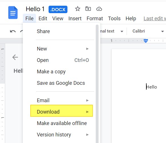 Download option from File menu highlighted highlighted in Google Docs.