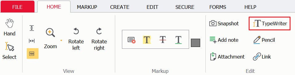 TypeWriter button with a red box around it in the Home tab of PDF Pro. 