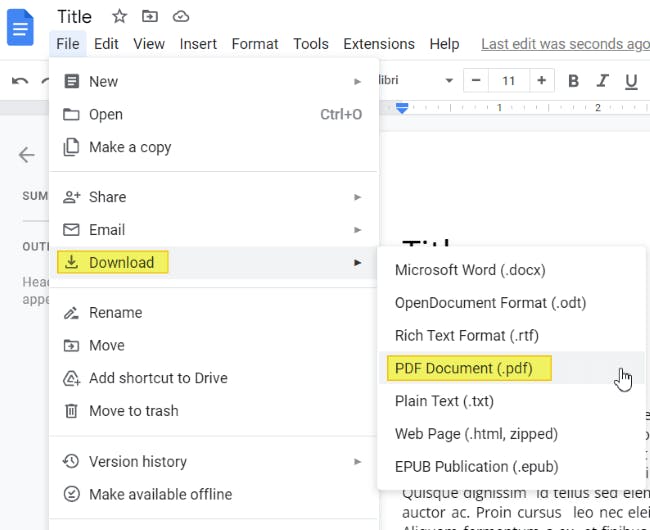 Download As PDF Document options are highlighted from the File context menu of Google Docs. 