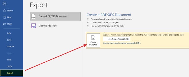 Create PDF/XPS button with a red arrow pointing to it from the Export button of the File menu.