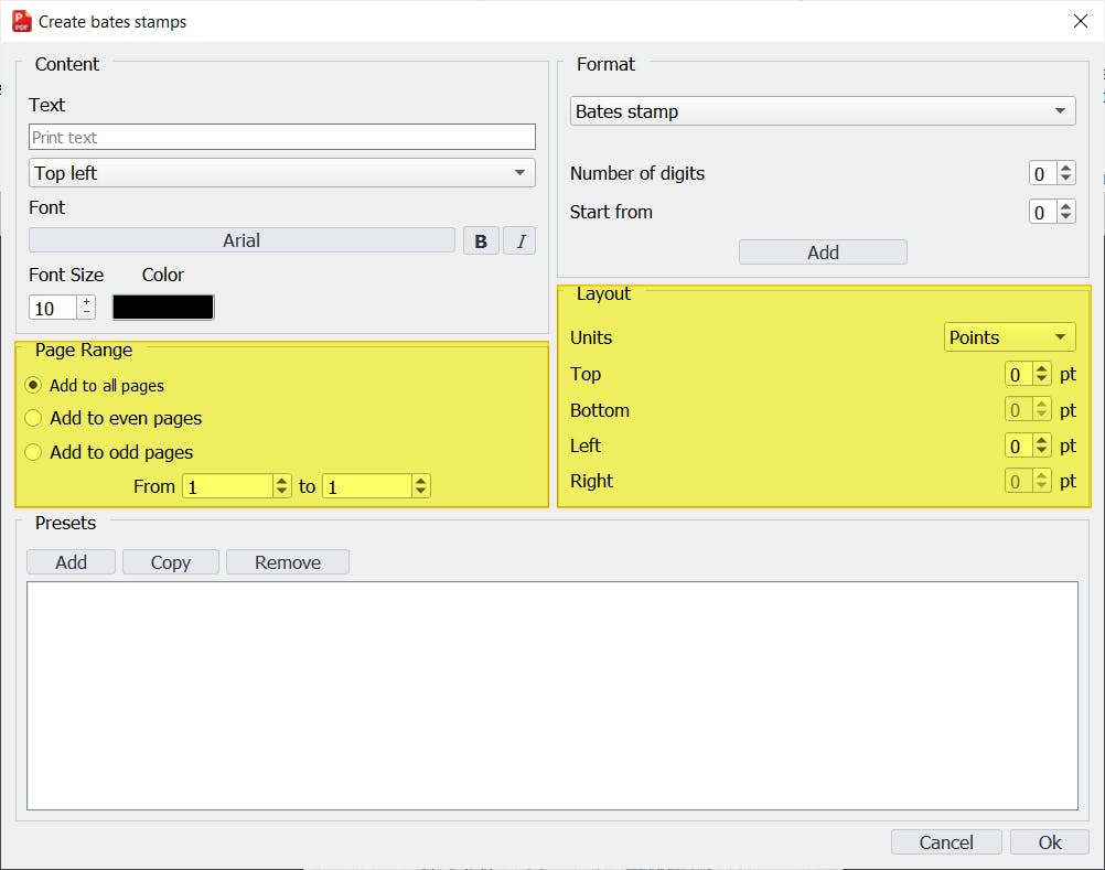 Create bates stamps dialog box with the Page Range and Layout sections highlighted.