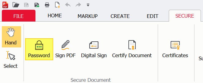 Password button highlighted in PDF Pro. 