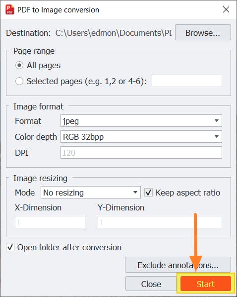 PDF Pro's PDF to Image conversion dialog box. The Start button is highlighted. 