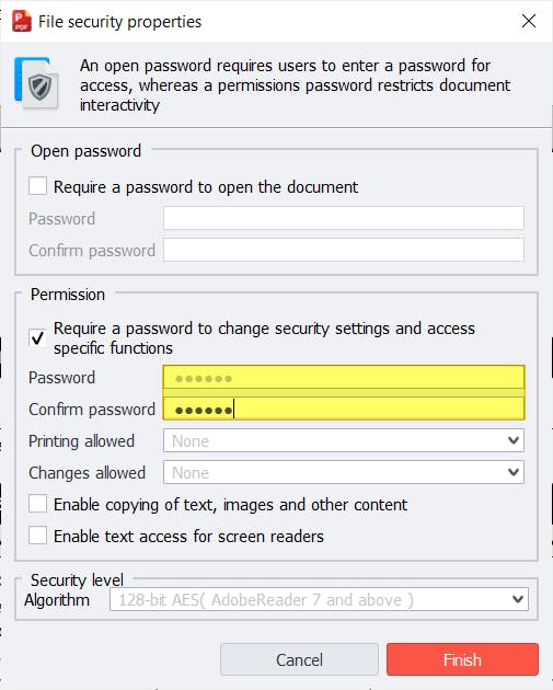 PDF Pro's Password dialog box. The Password and Confirm Password fields are filled and highlighted. 