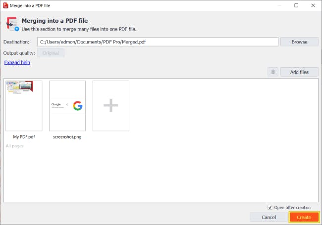 PDF Pro's Merging into a PDF file dialog box. A PDF and a screenshot have been added to be merged. The red Create button is highlighted. 