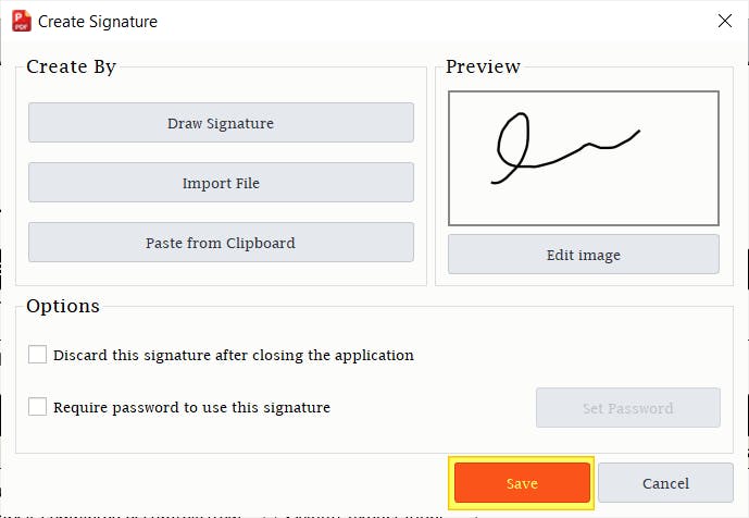 The Create Signature dialog box in PDF Pro. The Preview section shows a drawn signature. The red Save button is highlighted yellow. 