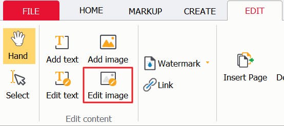 Edit image button surrounded with a red box in PDF Pro. 