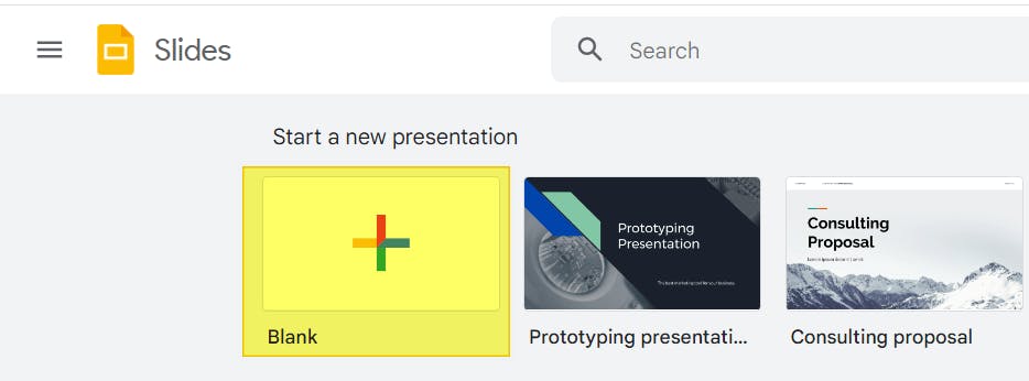 Google Slides "Create Blank Presentation" button is highlighted. 