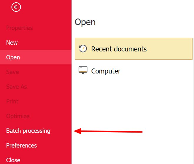 PDF Pro's File menu. The Batch processing button has a red arrow pointing at it.