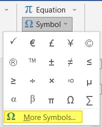 The More Symbols... button is highlighted from the Symbol's dropdown menu. 