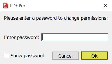 PDF Pro's Permission password prompt. The Ok button is highlighted. 