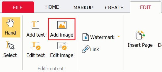 Add image button highlighted with a red box in PDF Pro.