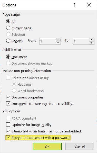 Options dialog box with the "Encrypt this document with a password" checkbox is checked and highlighted. The OK button is also highlighted. 