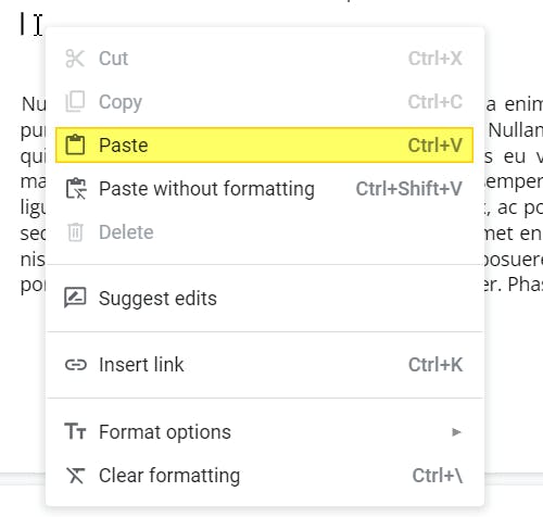 Google Docs' context menu. The "Paste" option is highlighted. 