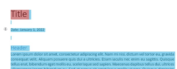 Lorem ipsum text highlighted blue, with a mouse cursor next to the date. The title, named "Title" is highlighted in Red. 