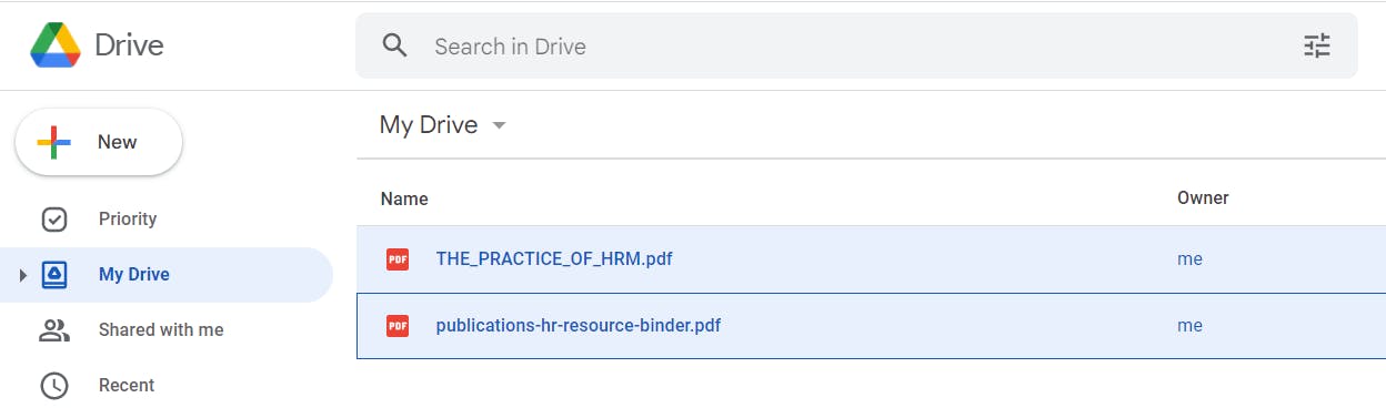 In Google Drive two PDFs are selected.