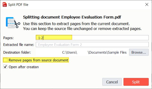 PDF Pros Split PDF file dialog box. The Page range and the "remove pages from source document" checkbox are highlighted. 