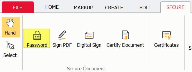 The Password button in PDF Pro is highlighted. It's located in the Secure tab.