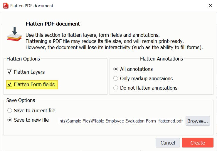 The Flatten PDF document dialog box in PDF Pro. The "Flatten Form Fields" checkbox is highlighted yellow. The Create button is red. 