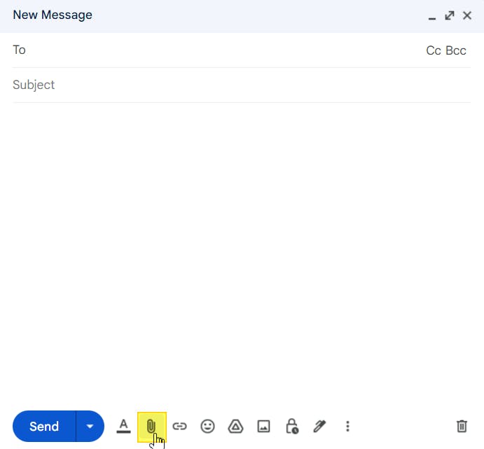 Compose gmail, with the attach button highlighted. 