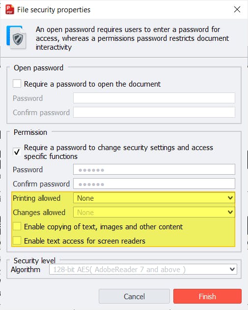 PDF Pro's Password dialog box. The permission section is highlighted. 