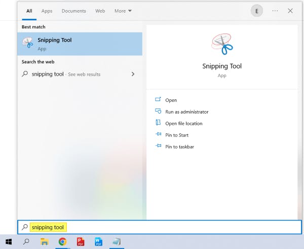 Snipping tool is typed into the Windows search bar, with the word being highlighted. The Snipping Tool is shown as the best matched app.