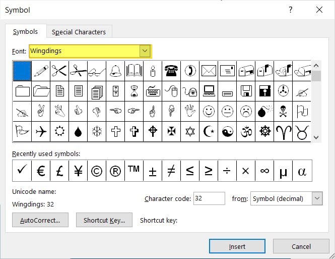 The Font field is highlighted; Wingdings is selected from the dropdown menu. 
