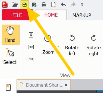 Save icon highlighted in PDF Pro. An orange arrow is pointing to the icon. 